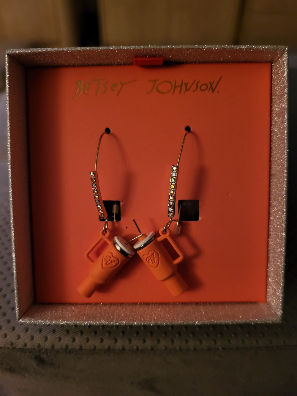 Betsey Johnson Orange Travel Mug Dangle Earrings with Gold-Tone Crystals